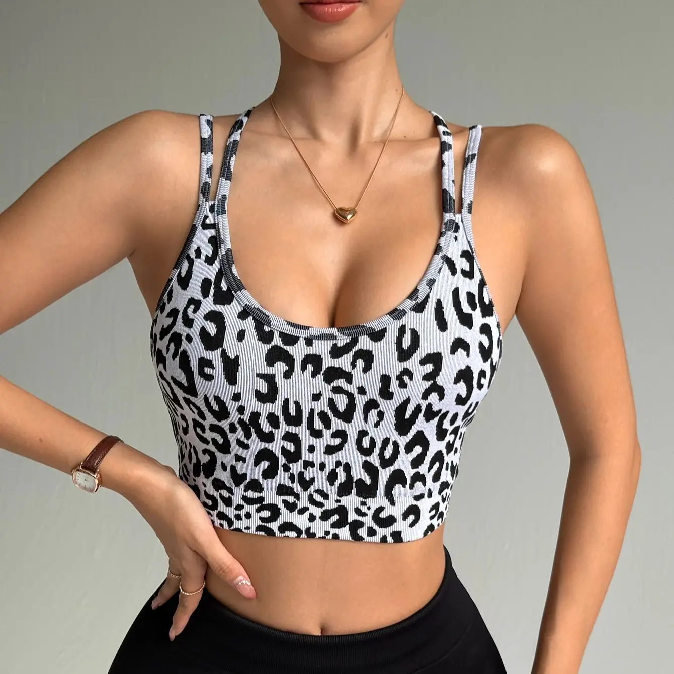 Sexy Double Strap Women's Yoga Bra Leopard Print Workout Top Cross Back Fitness Bra Supportive Gym Sport Activewear Bralette - Image 3